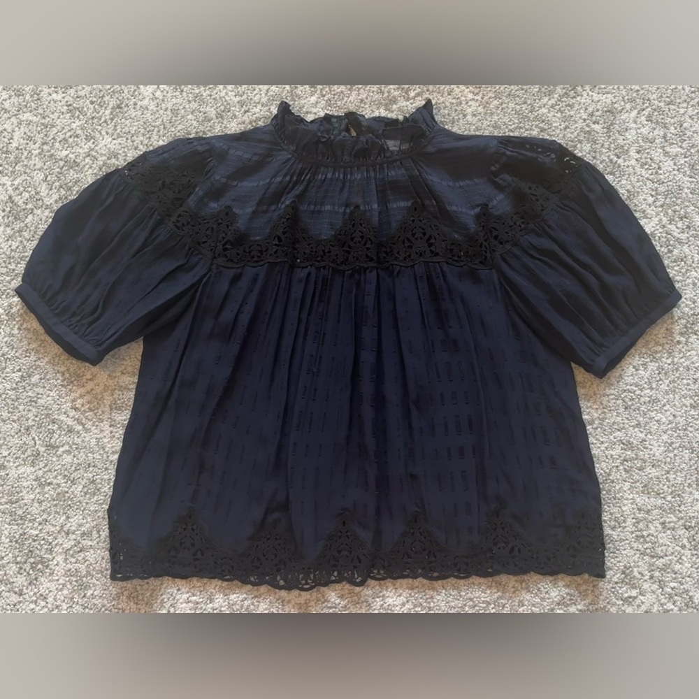 Rebecca Taylor Navy Puff Short-Sleeve Blouse